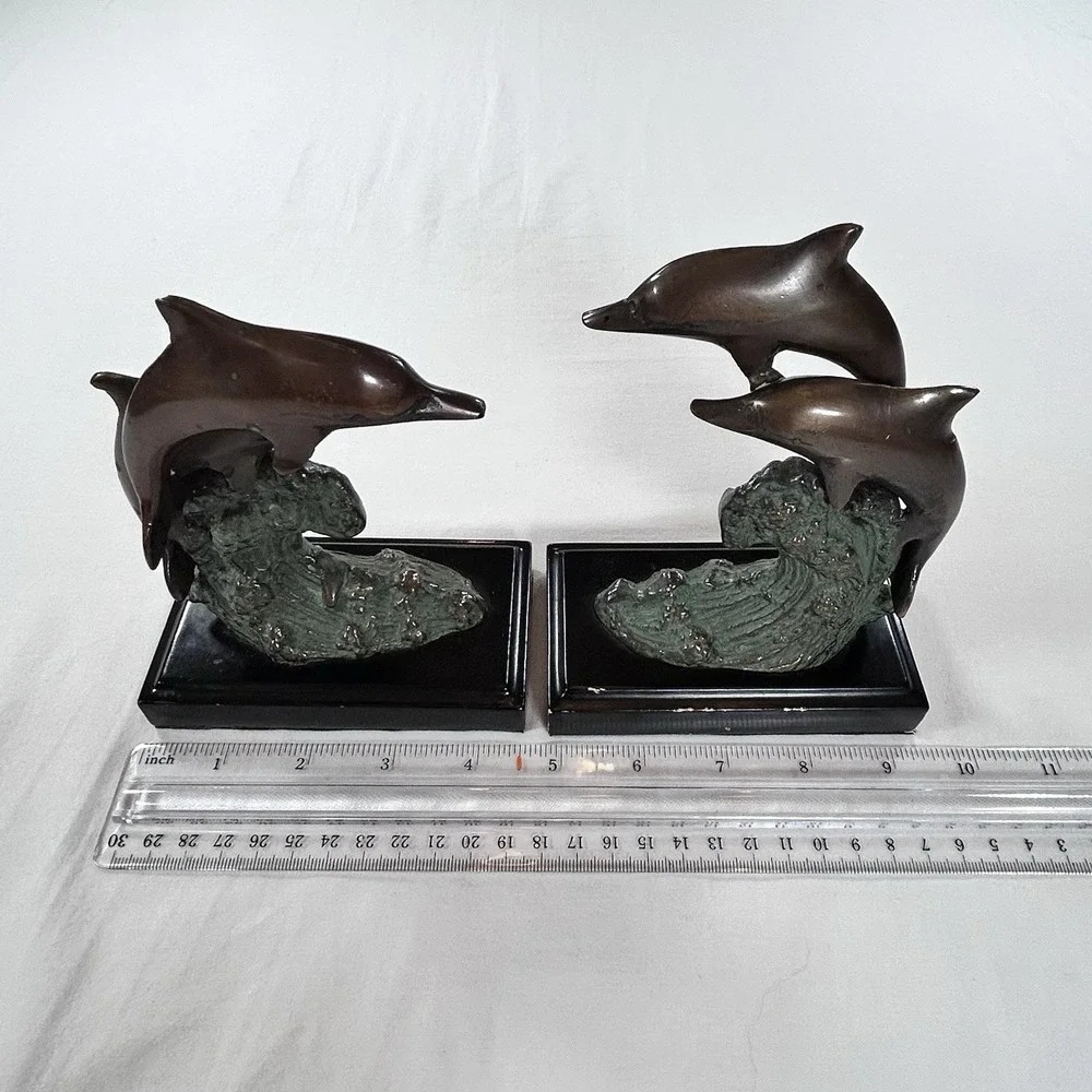 Vintage Brass Pair Of Dolphin Bookends Collectable Decor Figurines Waves MCM